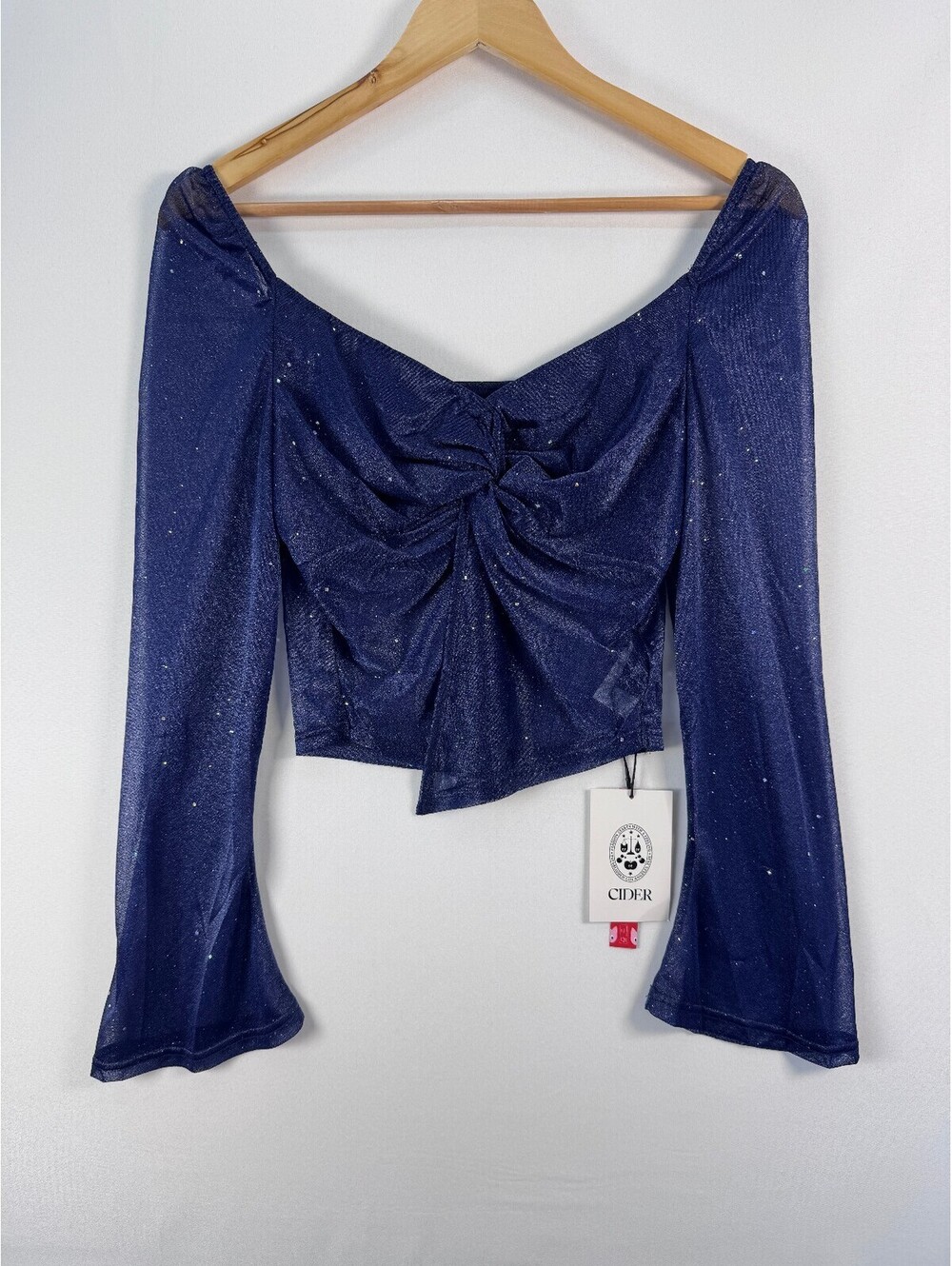 New Cider Navy Glitter Twist Front Crop Top Y2K Party Going Out Womens M